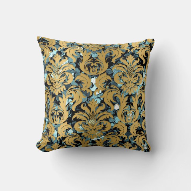 Cottage Damask Blauwgroen Blush Gold Mustard Royal Kussen (Voorkant)