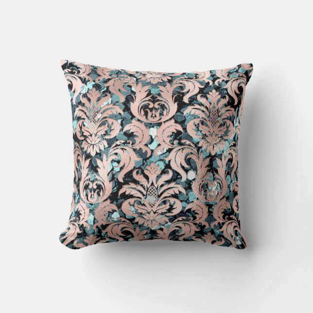 Cottage Damask Blauwgroen Blush Pink Sequin Royal Kussen (Voorkant)