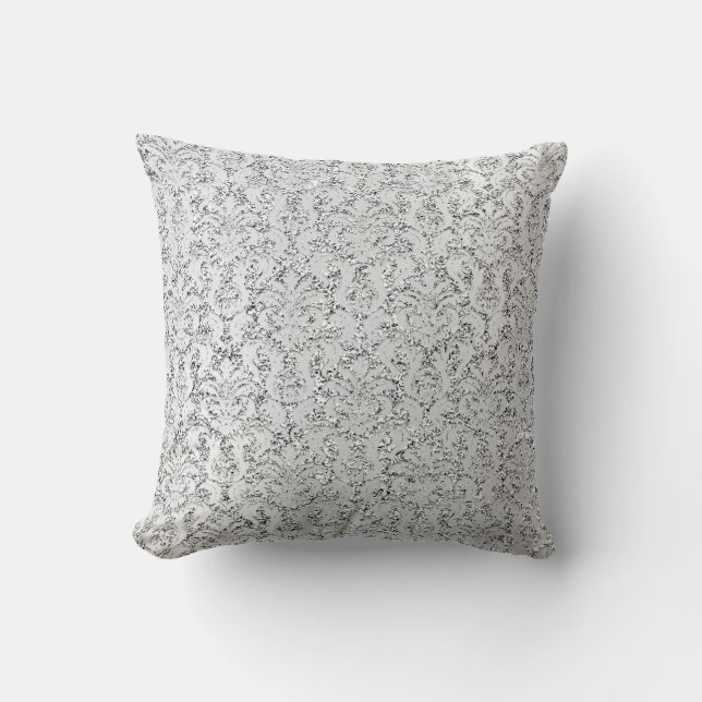 Cottage Damask Silver Grey Metallic Glitter Kussen (Voorkant)