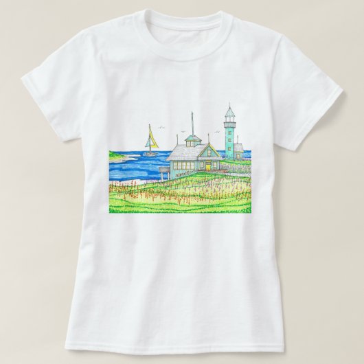 Cottage door het Zee Vrouwen Tshirt (Design voorkant)