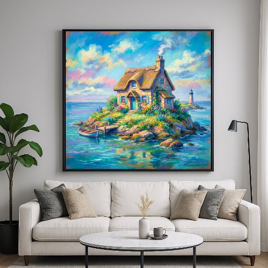 Cottage Eiland - Pastel Illustratie Stijl Kunst Poster