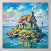 Cottage Eiland - Pastel Illustratie Stijl Kunst Poster (Voorkant)