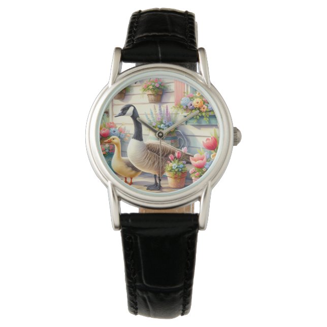 Cottage Garden Geese Spring Illustration Horloge (Voorkant)