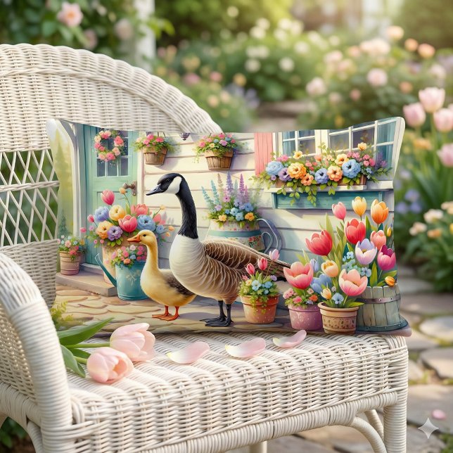 Cottage Garden Geese Spring Illustration Kussen (Cottage Garden Geese Spring Illustration Lumbar Pillow Mockup A)