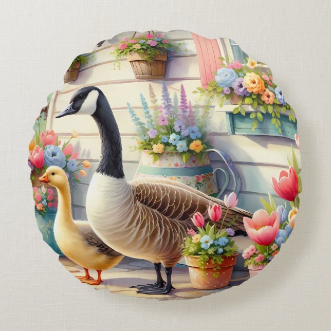 Cottage Garden Geese Spring Illustration Rond Kussen (Voorkant)