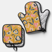 Cottage Garden Hand-Drawn Bold Inky Floral Pattern Ovenwant & Pannenlap Set (Voorkant / Achterkant)