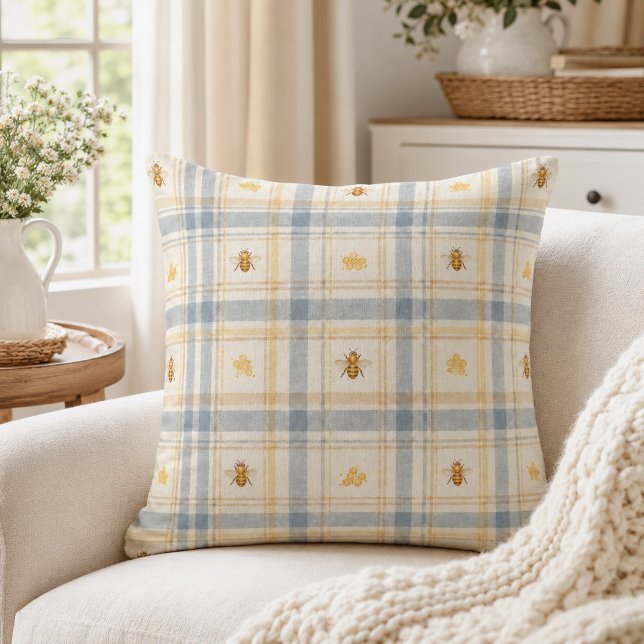 Cottage Garden Honeybee Bluebell Plaid  Kussen (Creator heeft geüpload)