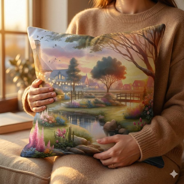 Cottage Gardentbeek bij zonsondergang Kussen (Cottage Garden Stream at Sunset Throw Pillow Mockup D)