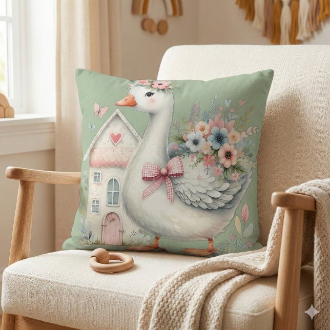 Cottage Goose Floral House Scene Kussen (Cottage Goose Floral House Scene Throw Pillow Mockup A)