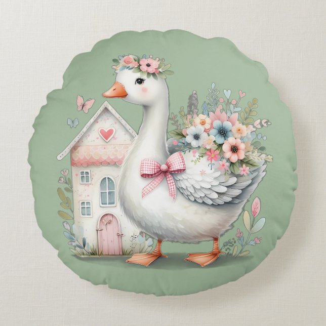 Cottage Goose Floral House Scene Rond Kussen (Voorkant)