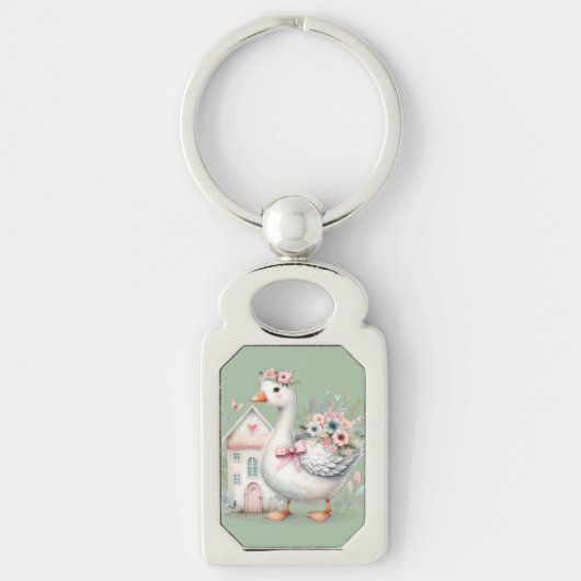 Cottage Goose Floral House Scene Sleutelhanger (Voorkant)