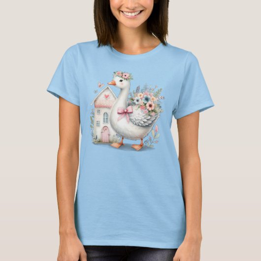 Cottage Goose Floral House Scene T-shirt (Voorkant)