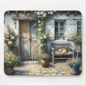 Cottage kat op houten bank muismat (Voorkant)