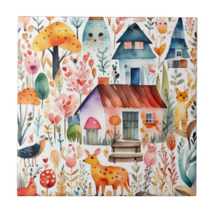 Cottage kern bloemenlandschap dieren huizen tegeltje