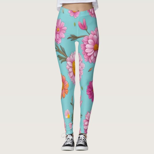 Cottage kern bloemenwitte madeliefjes roze bloemen leggings (Voorkant)
