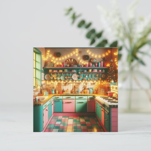 Cottage Kitsch Retro Keuken Kerst Kaart (Staand voorkant)