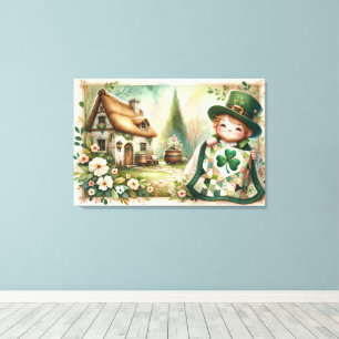Cottage Leprechaun Patchwork Quilt Scene Canvas Afdruk
