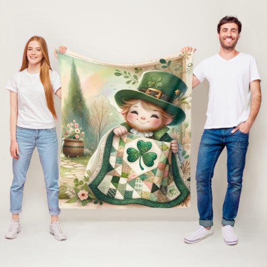 Cottage Leprechaun Patchwork Quilt Scene Fleece Deken (In situ)