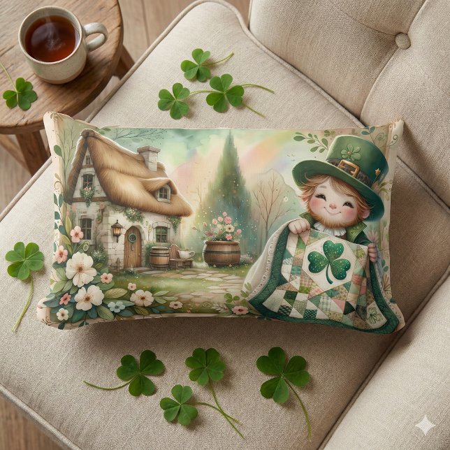 Cottage Leprechaun Patchwork Quilt Scene Kussen (Cottage Leprechaun Patchwork Quilt Scene Lumbar Pillow Mockup A)