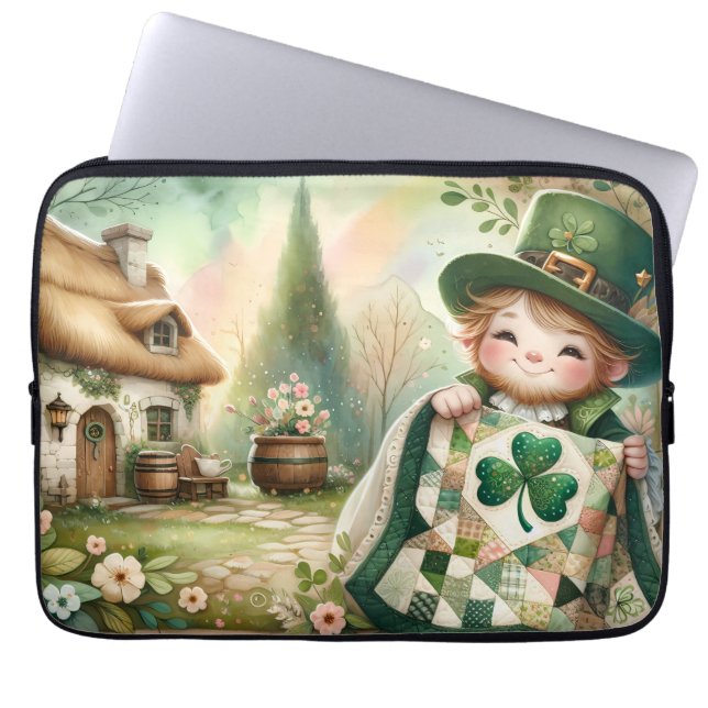 Cottage Leprechaun Patchwork Quilt Scene Laptop Sleeve (Voorkant)