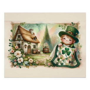 Cottage Leprechaun Patchwork Quilt Scene Perfect Poster