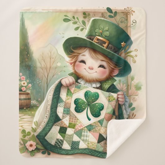 Cottage Leprechaun Patchwork Quilt Scene Sherpa Deken (Voorkant)
