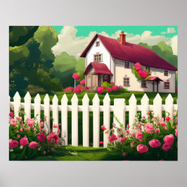 Cottage met een witte hek en bloemen poster