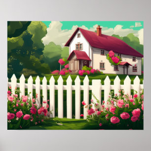 Cottage met een witte hek en bloemen poster