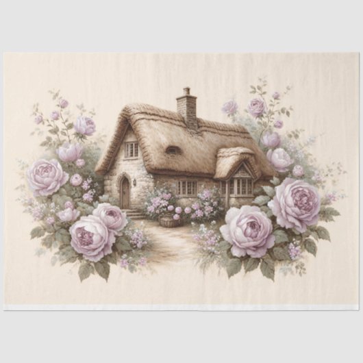 Cottage met Paarse Rozen Waterverf Decoupage Tissuepapier (Voorkant)