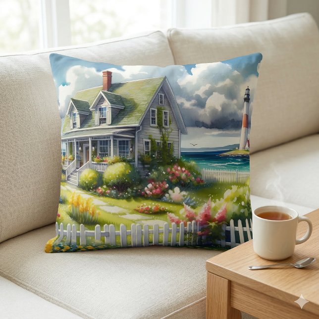 Cottage Met Uitzicht Op De Vuurtoren Kussen (Cottage With View Of The Lighthouse Throw Pillow Mockup A)