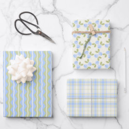 Cottage Roses, Tartan en Strepen in hemelsblauw Inpakpapier Vel