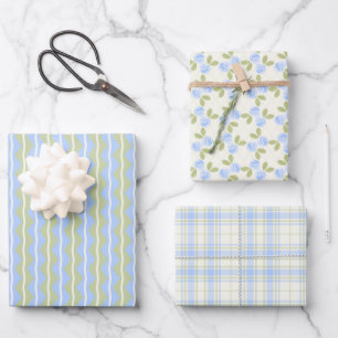 Cottage Roses, Tartan en Strepen in hemelsblauw Inpakpapier Vel