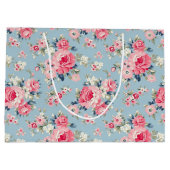 Cottage roze rozen op blauwe achtergrond groot cadeauzakje (Achterkant)