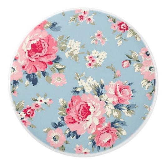 Cottage roze rozen op blauwe achtergrond keramische knop (Voorkant)