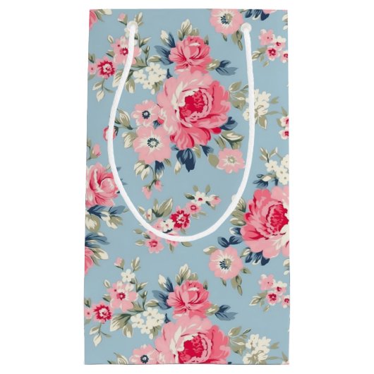 Cottage roze rozen op blauwe achtergrond klein cadeauzakje (Voorkant)