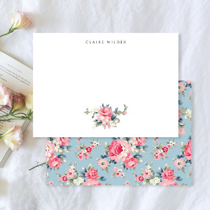 Cottage roze rozen op blauwe achtergrond notitiekaartje