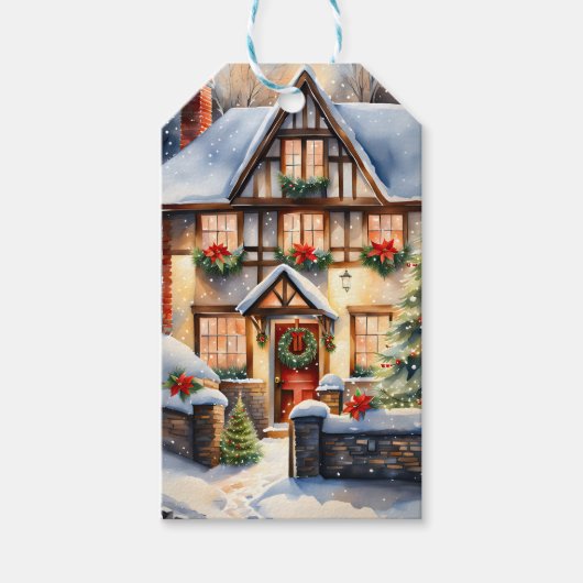 Cottage Snowy Christmas Gift Label Cadeaulabel (Voorkant)