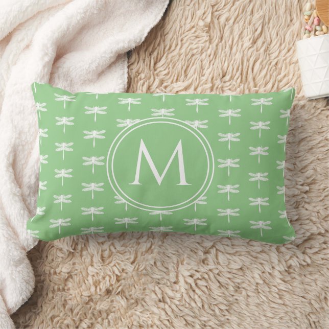 Cottage Tuin Groene en Witte Dragonfly Monogram Kussen (Deken)
