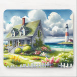 Cottage With View Of The Lighthouse Muismat<br><div class="desc">A dreamy coastal cottagecore landscape filled with soft watercolor charm and breezy seaside tranquility. A welcoming seaside cottage sits among lush garden paths, blooming flowers, and a bright white picket fence, creating a warm storybook atmosphere. In the distance, a tall lighthouse rises beside sparkling blue ocean waves, adding a classic...</div>