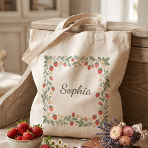 Cottagecore Aardbei Krans Persoonlijke Naam Tote Bag