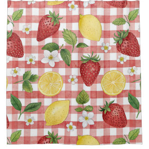 Cottagecore Aardbeien & Citroenen op Rode Gingham Douchegordijn