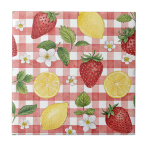 Cottagecore Aardbeien & Citroenen op Rode Gingham Tegeltje