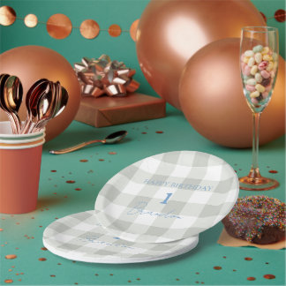 Cottagecore Babyblauw Geruit Verjaardagsfeest Papieren Bordje