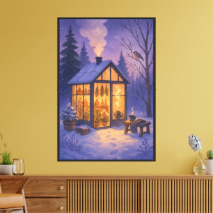 Cottagecore besneeuwde bos wandkunst canvas afdruk