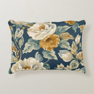 Cottagecore Blauw Mosterdgeel Crème Bloemenprint Accent Kussen
