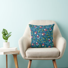 Cottagecore Bloemen Kussen in Diep Blauw en Rood