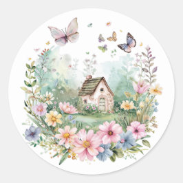 Cottagecore Bloemenkrans met Vlinders Ronde Sticker