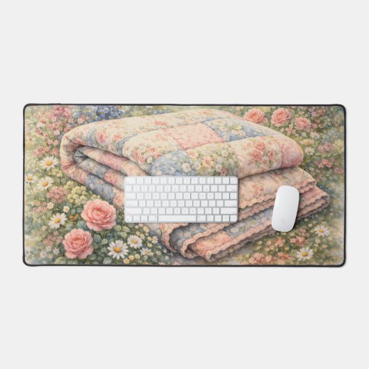 Cottagecore Bloemenpatchworkdeken Aquarel Bureaumat (Keyboard & Muis)