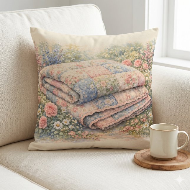 Cottagecore Bloemenpatchworkdeken Aquarel Kussen (Cottagecore Floral Patchwork Quilt Watercolor Throw Pillow)