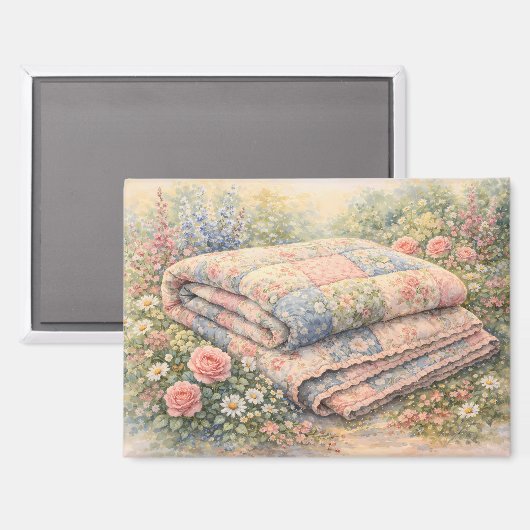 Cottagecore Bloemenpatchworkdeken Aquarel Magneet (Voorkant / Achterkant)